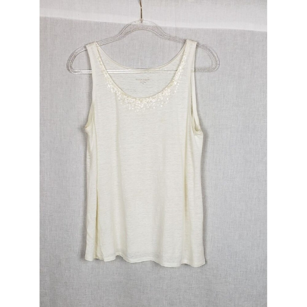 Eileen Fisher Tank Top PM‎ Ivory White Slubbed Sequined Neck 100% Linen Vacation